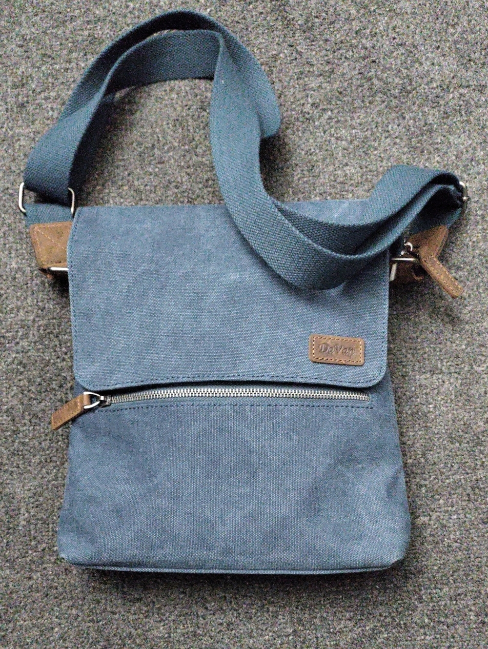 DaVan Blue Canvas Crossbody Bag with Brown Leather Accents